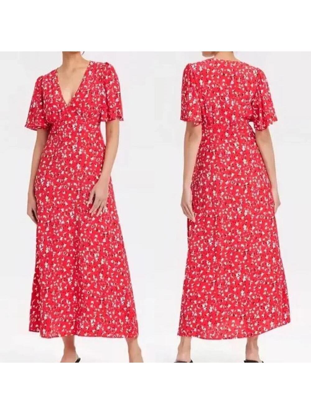 A New Day NWT Women's Short Sleeve Maxi Sundress Red Floral Size 2